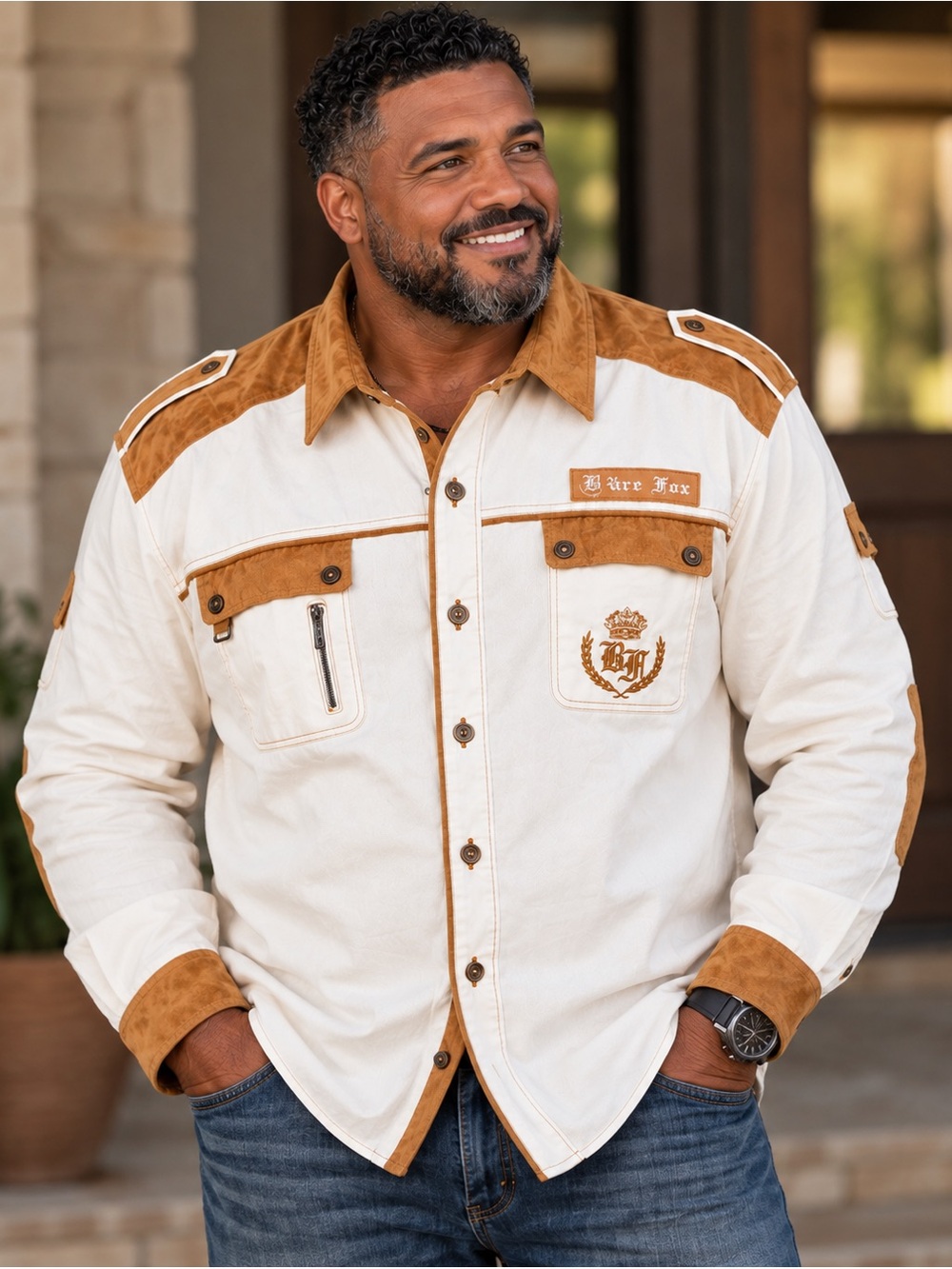 NWT Bare Fox Men’s 3XL Suede Trim Button Up Shirt Off White Western Urban Cargo